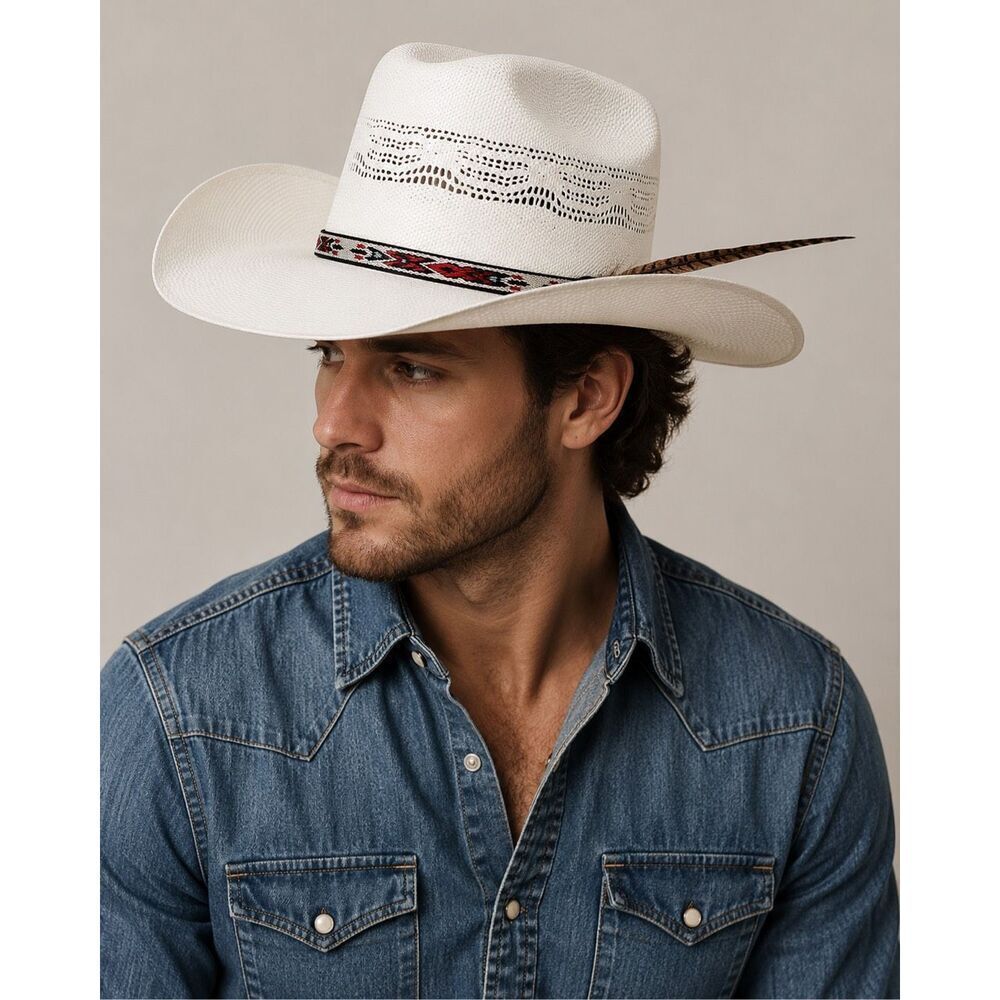 Resistol Western Straw Cowboy Hat White Feather Band Mexico One Size Fits Most